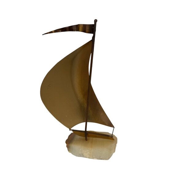 VTG John Demott Signed Mid Century Brass Sailboat Sculpture Onyx Quartz - Picture 5 of 8